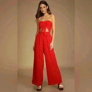 Spring Garden Red Strapless Wide-Leg Jumpsuit